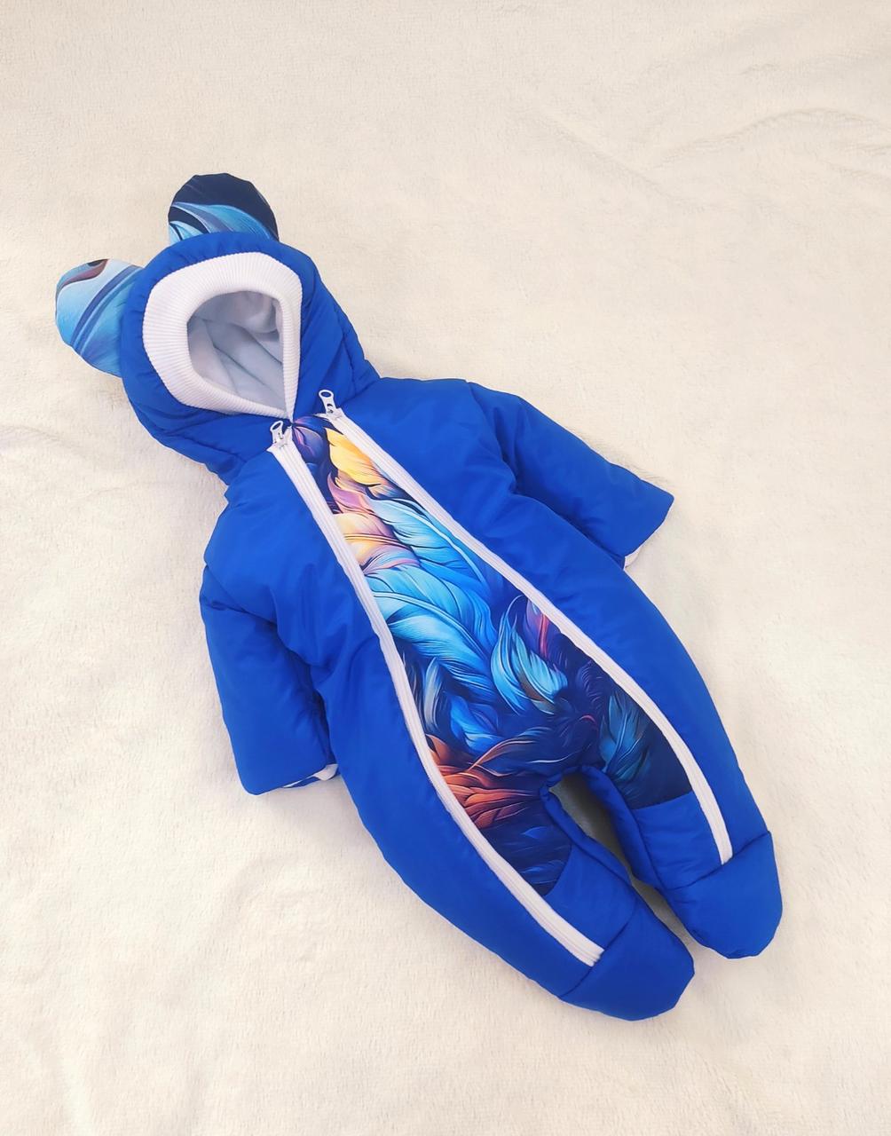 Комбінезон 56-62 розмір для новонароджених, блакитний, принт пір'я, фото 1