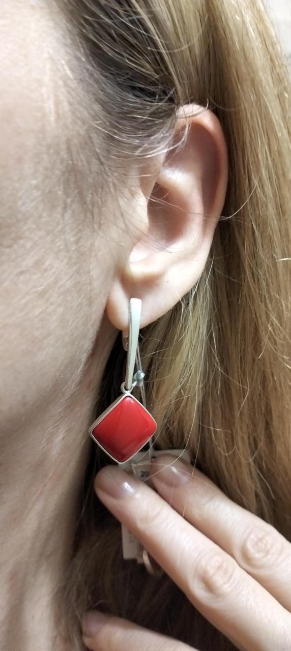 Срібі сережки -підвіски з червоним коралом, фото 1