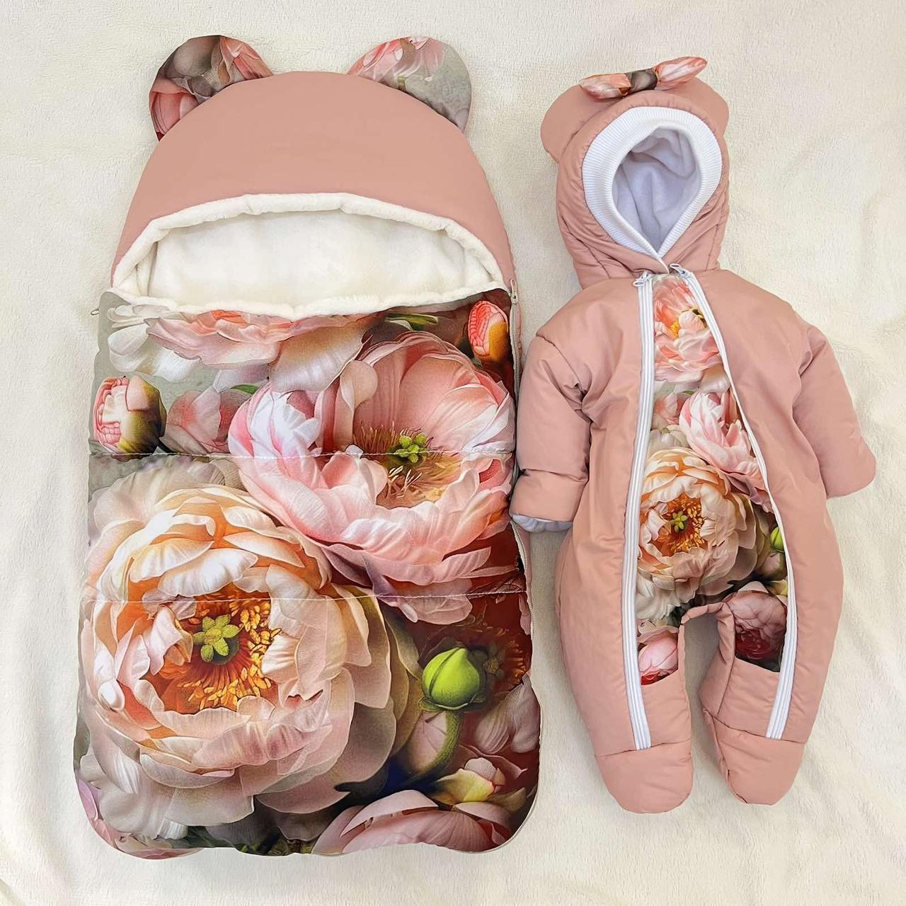 Збільшений спальник + комбінезон для новонароджених, пудра, квітковий принт півонії, фото 1