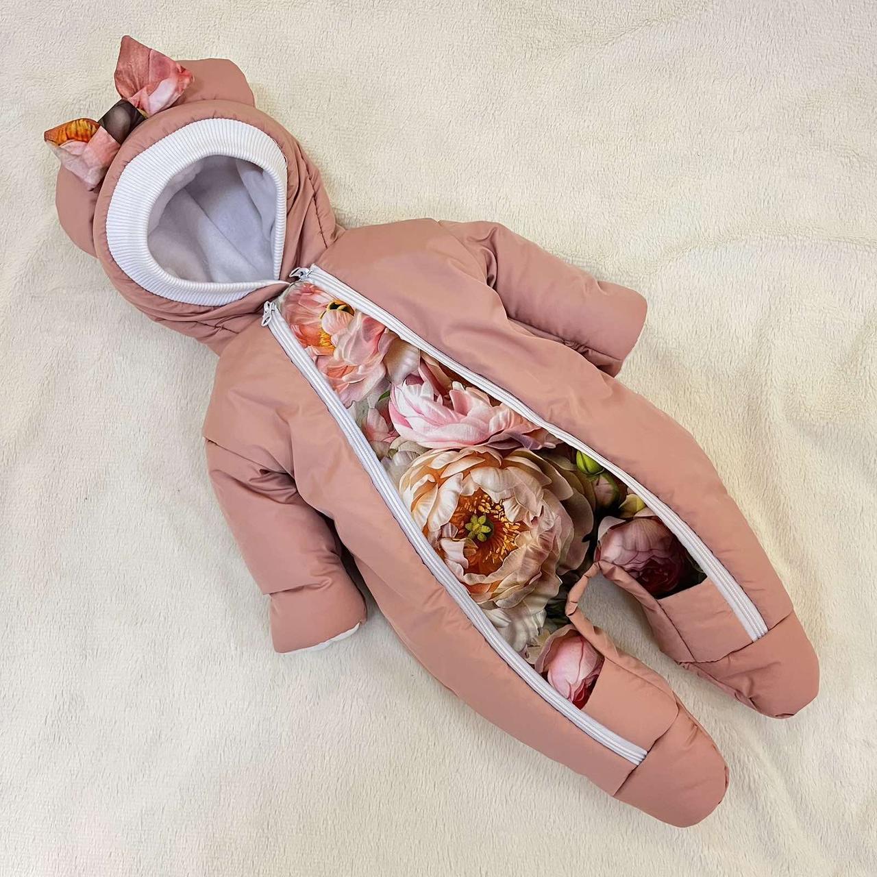 Теплий комбінезон для новонароджених дівчаток, пудра, квітковий принт півонії, фото 1