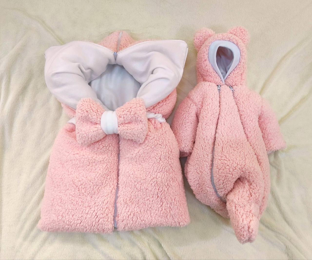 Хутряний комплект Тедді для новонароджених, трансформер та комбінезон 56-62, рожевий, фото 1