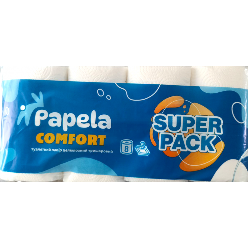 Туалетний папір Papela Comfort 3 шари 8 рулонів (6 уп/мішок), фото 1