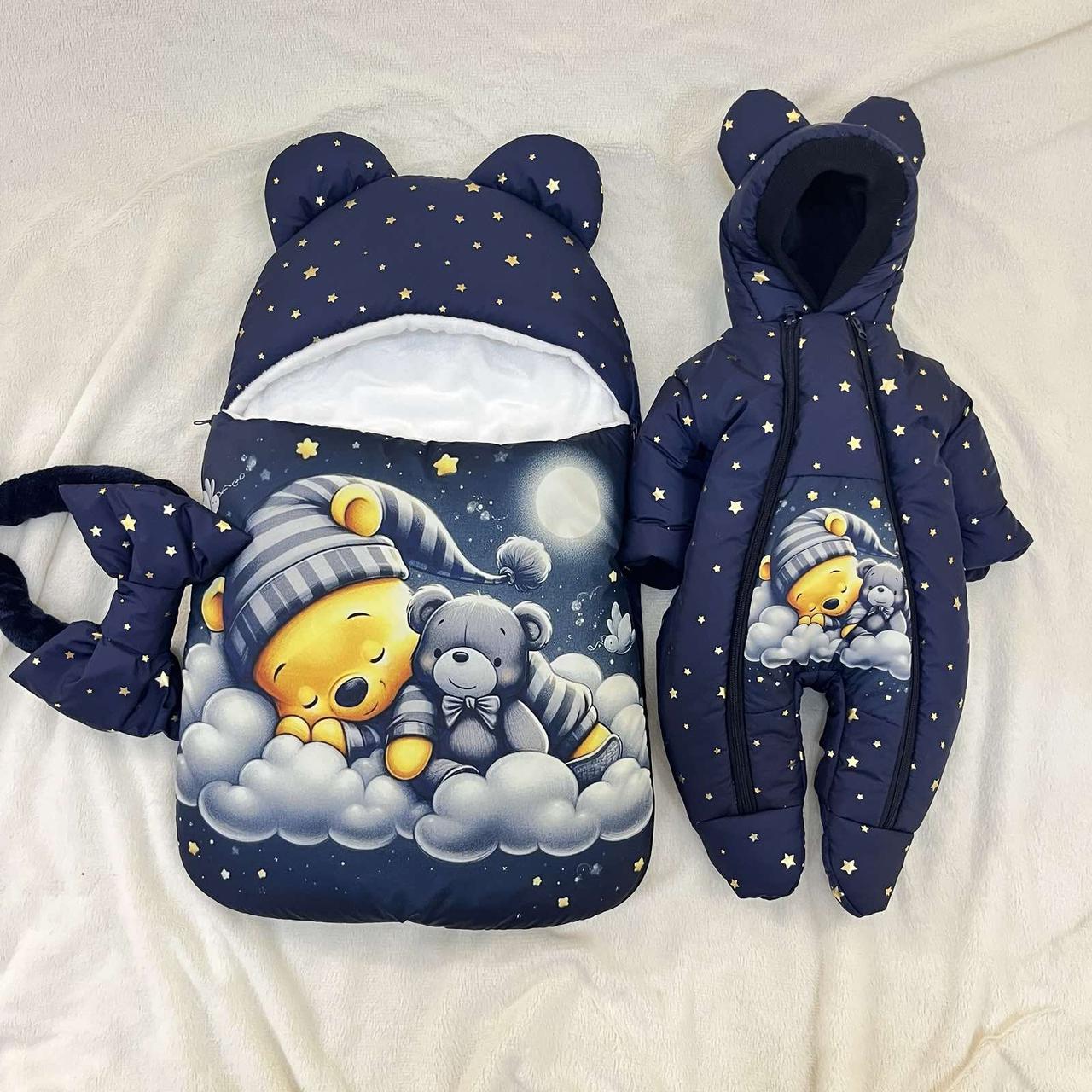 Комплект для новонароджених 56-62 розмір, принт солодкий сон Ведмедика, синій з глітером, фото 1