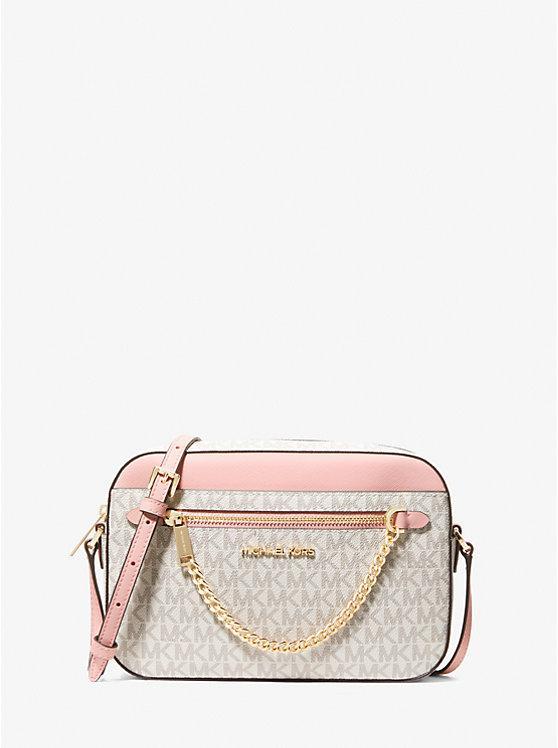 Жіноча сумка Michael Kors Jet Set Large Logo Crossbody Bag (ваніль з рожевим) ОРИГІНАЛ