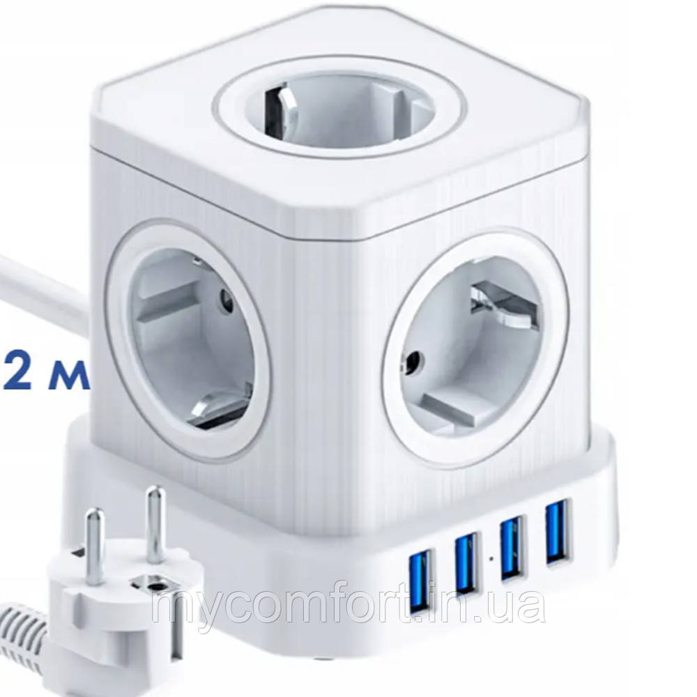 Універсальний настільний мережевий подовжувач MADORU 16А, 5 розеток і 4 USB-виходи. Білий (2М)