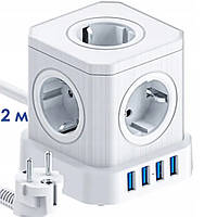Універсальний настільний мережевий подовжувач MADORU 16А, 5 розеток і 4 USB-виходи. Білий (2М)