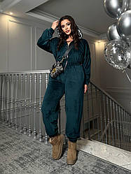 Модний теплий жіночий велюровий комбінезон в спортивному стилі з капюшоном, батал великі розміри