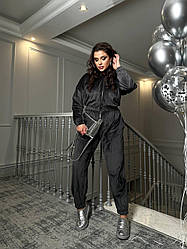 Модний теплий жіночий велюровий комбінезон в спортивному стилі з капюшоном, батал великі розміри