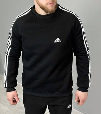 Чоловічий теплий світшот Adidasчорний із білими смужками | Толстовка Адідас чоловічий зимова кофта на флісі, фото 3