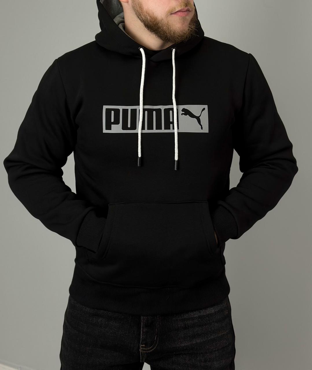 Чоловіче худі Puma з капюшоном чорний | тепла толстовка Пума чоловіча зимова кофта на флісі