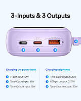 Портативна Батарея Baseus Qpow2 Dual-Cable Digital Display 22.5W 20000mAh With cable Type-C 3A 0.3m Purple, фото 3