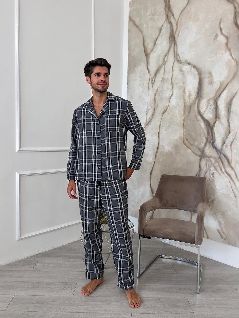 Комфортний чоловічий домашній комплект COSY F671P з фланелі в клітинку синій/сірий розмір М