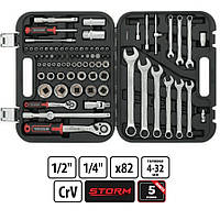 Професійний набір накидних ключів та головок 1/2" & 1/4", 82 од., Cr-V STORM INTERTOOL ET-8082 для авто