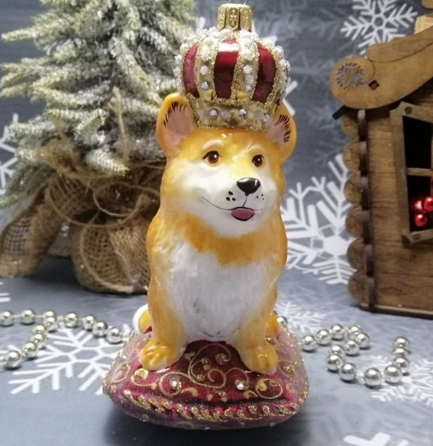 Скляна ялинкова іграшка Коргі в короні Irena