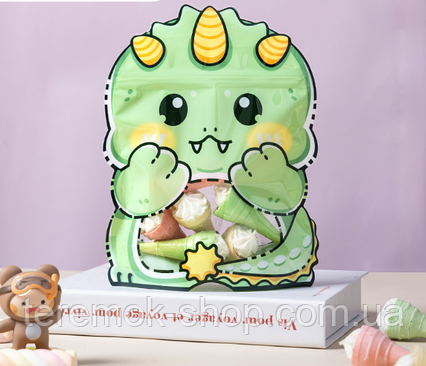 Пакет фігурний Динозаврик дитячий з малюнком із зіп застібкою 21х17 см упаковка для солодощів