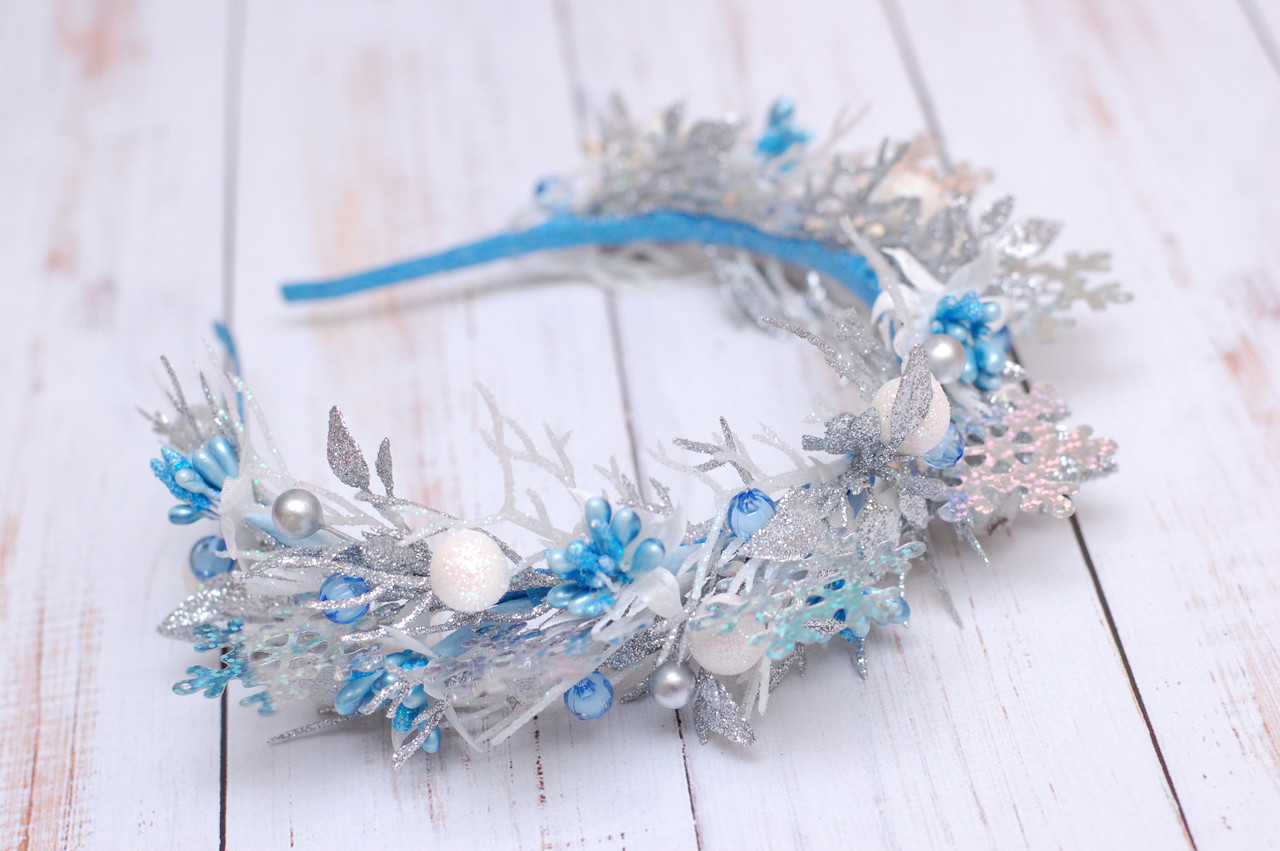 Обруч для волосся новорічний зі сніжинками сріблясто-блакитний 233, фото 1
