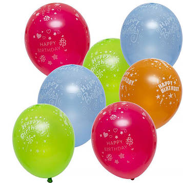 Повітряні кулі з днем народження «Happy birthday» Неонові кольори асорті, Діаметр 20 см, В упаковці 100 шт