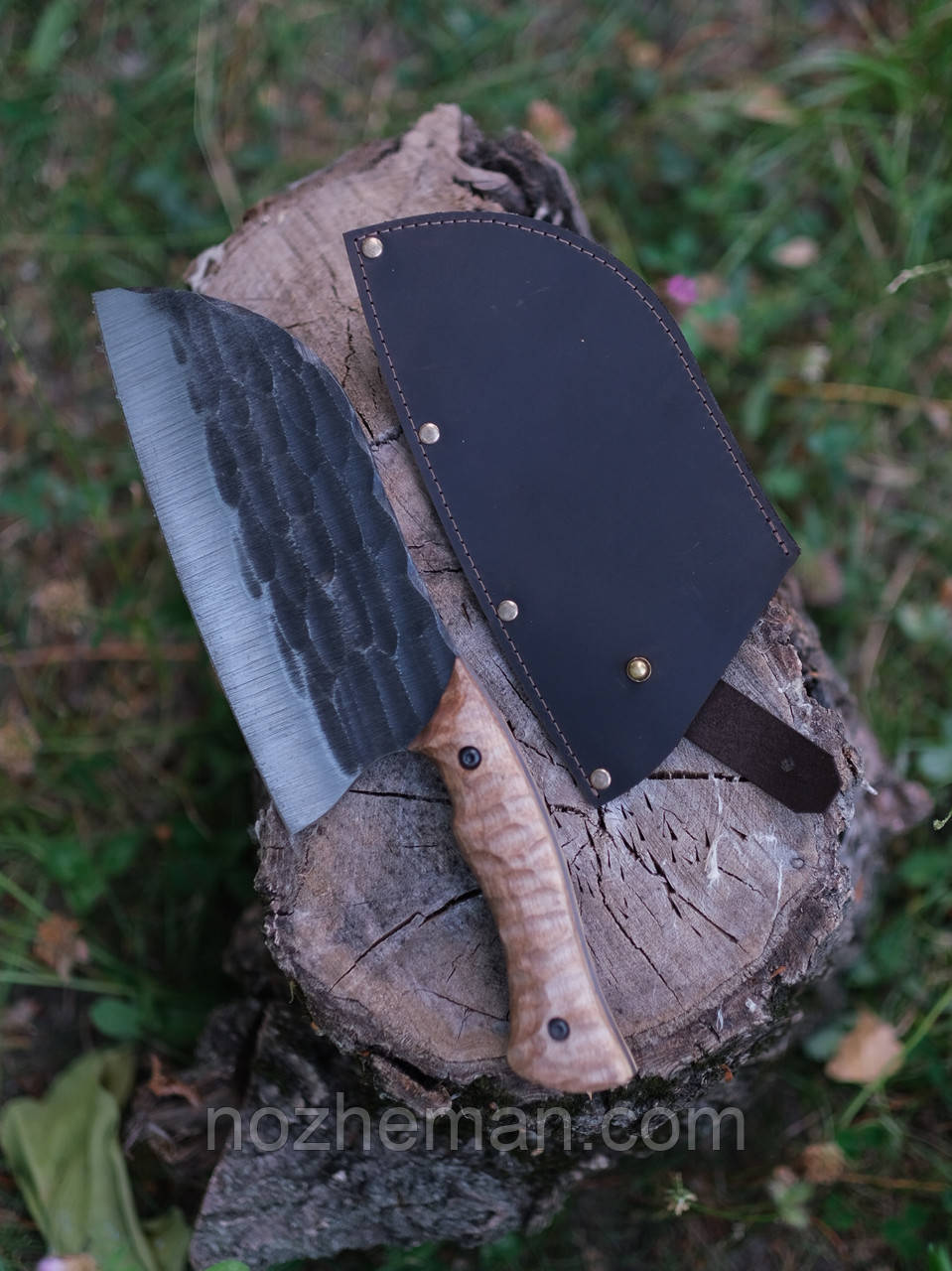 Туристичний ніж-сокира ручної роботи Серб 12 зі сталі марки 65Г/58 HRC, з шкіряним чохлом у комплекті, фото 1