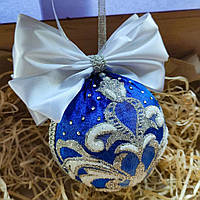 Новорічна куля ручної роботи синього кольору 10 см