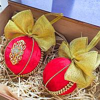 Набор новорічних куль ручної роботи червоного кольору  10 та 8 см