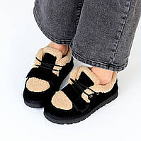 Жіночі зимові замшеві черевики лофери на хутрі чорні натуральна замша