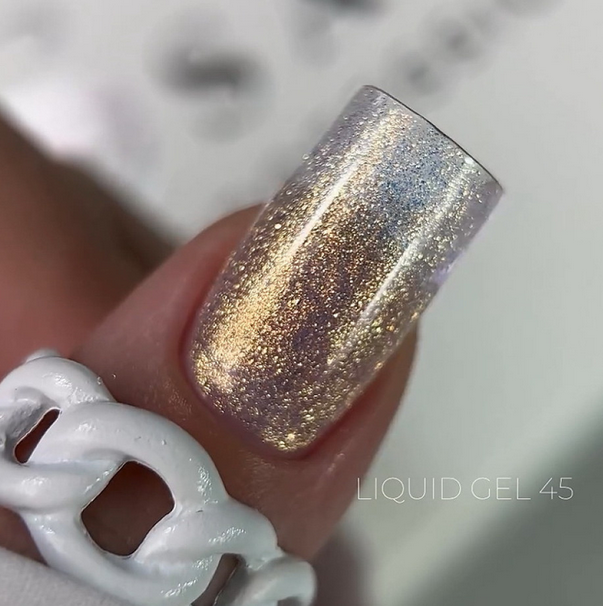 SAGA Liquid Gel № 45 рідкий гель для нарощування нігтів золотисто-фіолетовий з блискітками напівпрозорий, фото 1