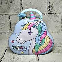 Скарбничка для грошей дитяча для дівчинки Єдиноріг металева із замочком 15,5х13х7 см Блакитна N-1343-3