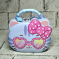 Скарбничка для грошей дитяча для дівчинки Котик металева із замочком 14х12х7 см Блакитна N-1339-1