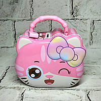 Скарбничка для грошей дитяча для дівчинки Котик металева із замочком 14х12х7 см Рожева N-1339-3