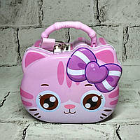 Скарбничка для грошей дитяча для дівчинки Котик з бантиком металева із замочком 14х12х7 см Рожева N-1339-2