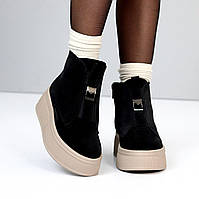 Жіночі замшеві зимові черевики на блискавці молодіжні чорні натуральна замша