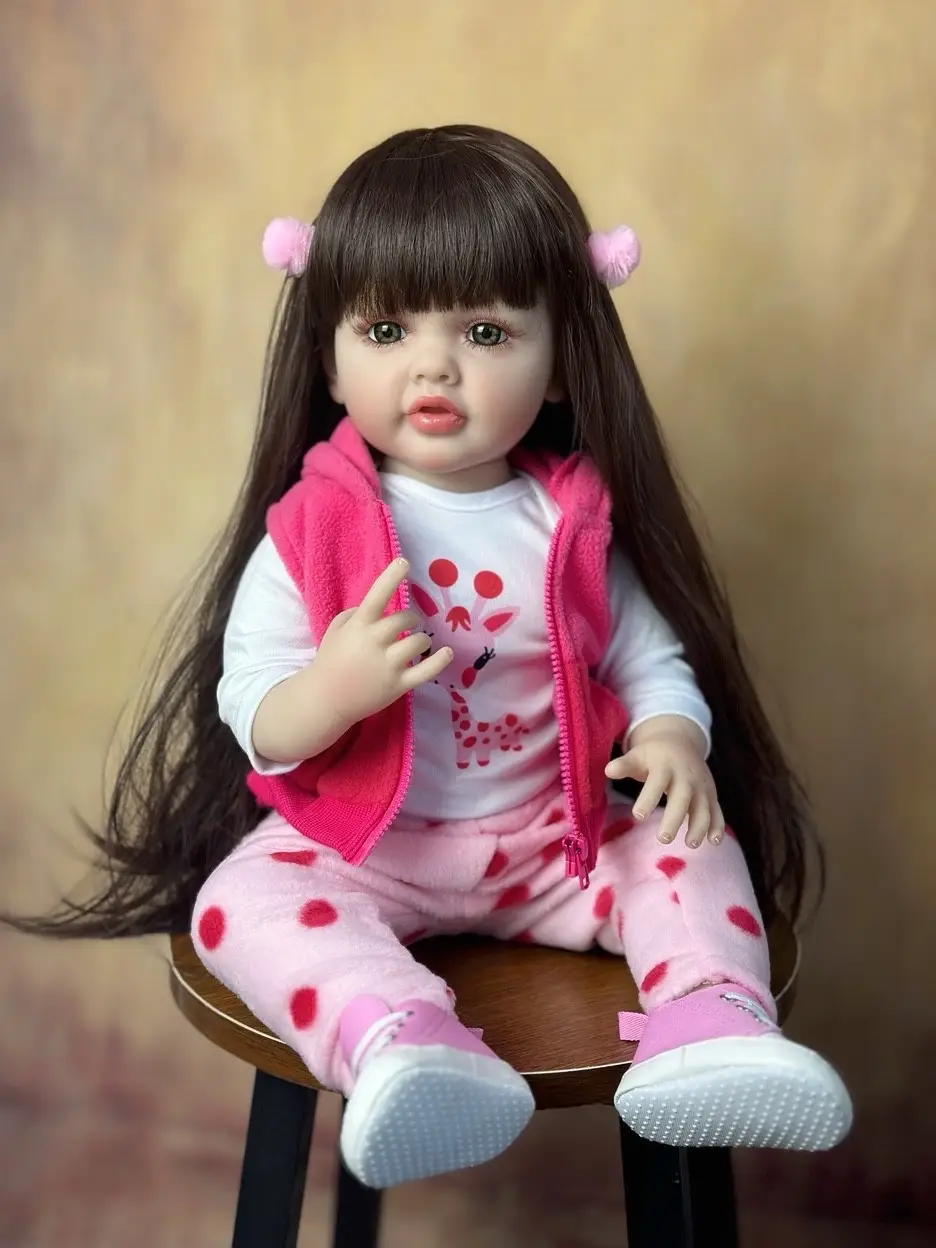 Лялька вінілова 55см, ручна робота, брюнетка в рожевому костюмі, Reborn Baby Doll 16