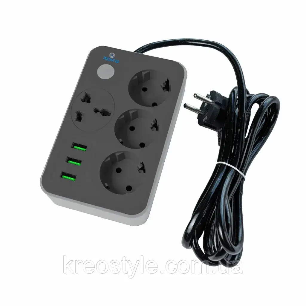 Мережевий подовжувач 4 розетки + 3 USB 2 метри