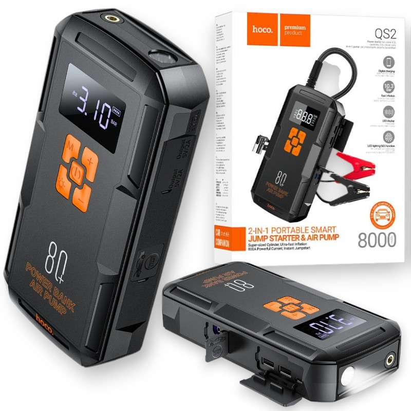 Автомобільний портативний пуско-зарядний пристрій + компресор Hoco QS2 8000 mAh Автомобільний бустер