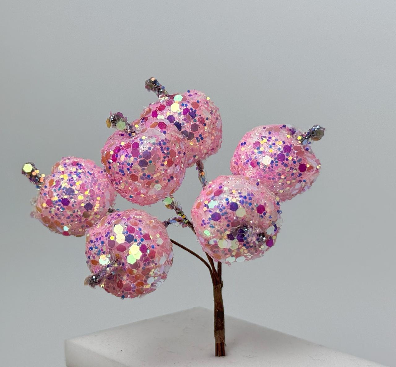 БЛИСТЯЧІ ЯГОДИ, НОВОГОДНІЙ ДЕКОР. ЯБЛОЧКИ 3,5 см ціна за 6 шт. колір глітер рожевий