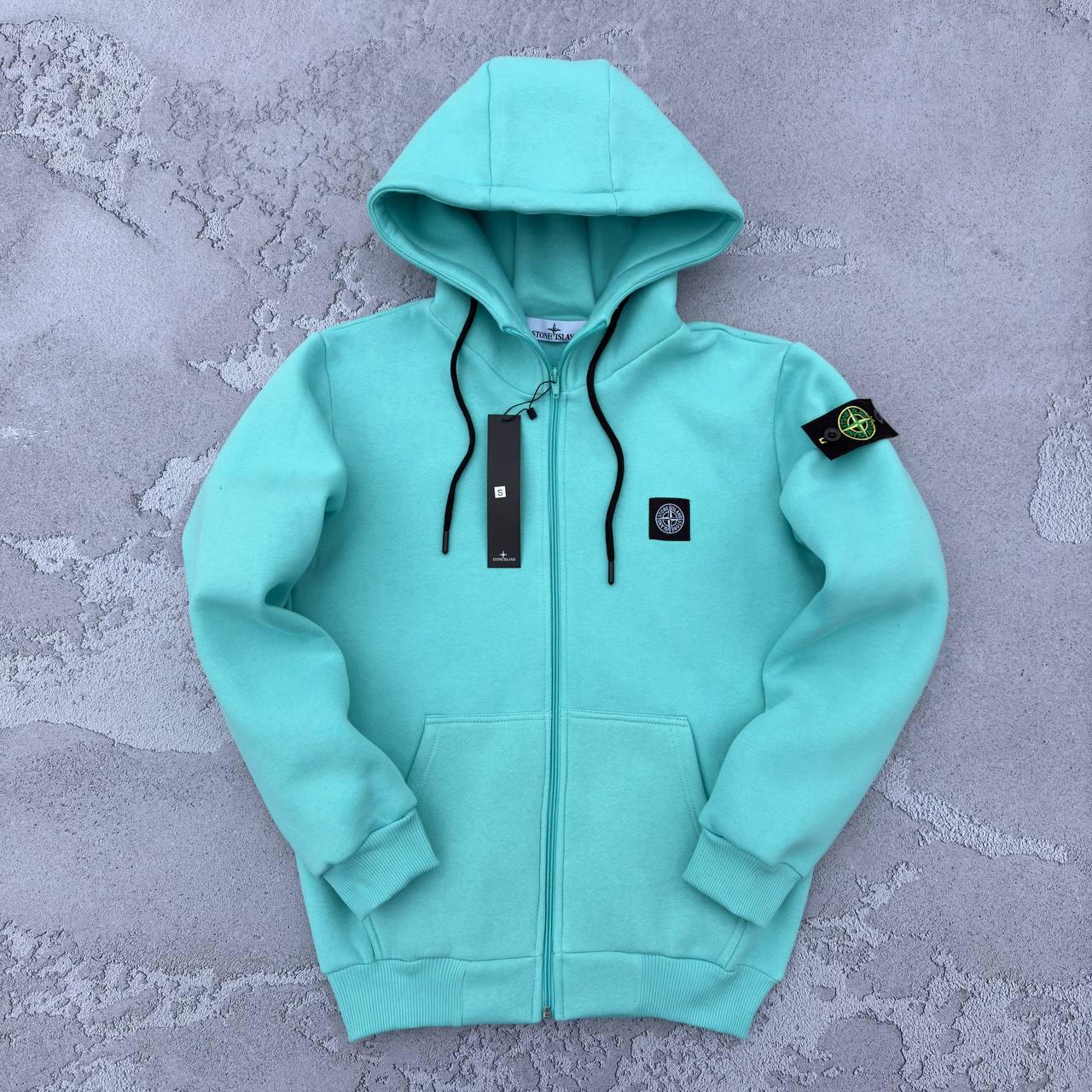 Кофта чоловіча зимова Stone Island тепла бірюзова зіппер толстовка на блискавці стон айленд на флісі