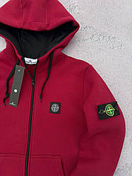 Зимова жіноча толстовка Stone Island з начосом бордова кофта зіпер утеплена стон айленд