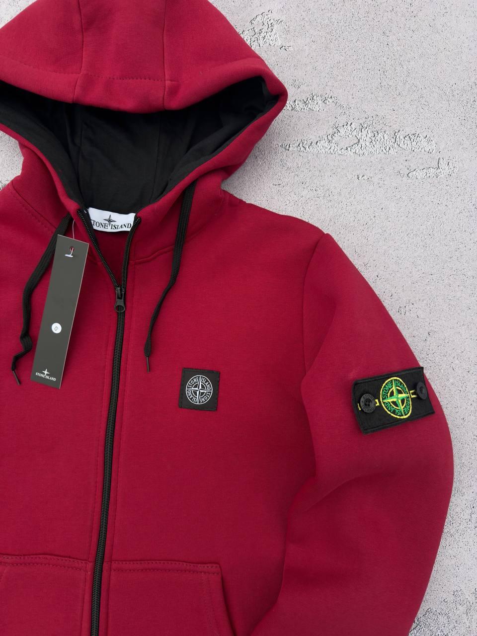 Зимова жіноча толстовка Stone Island з начосом бордова кофта зіпер утеплена стон айленд