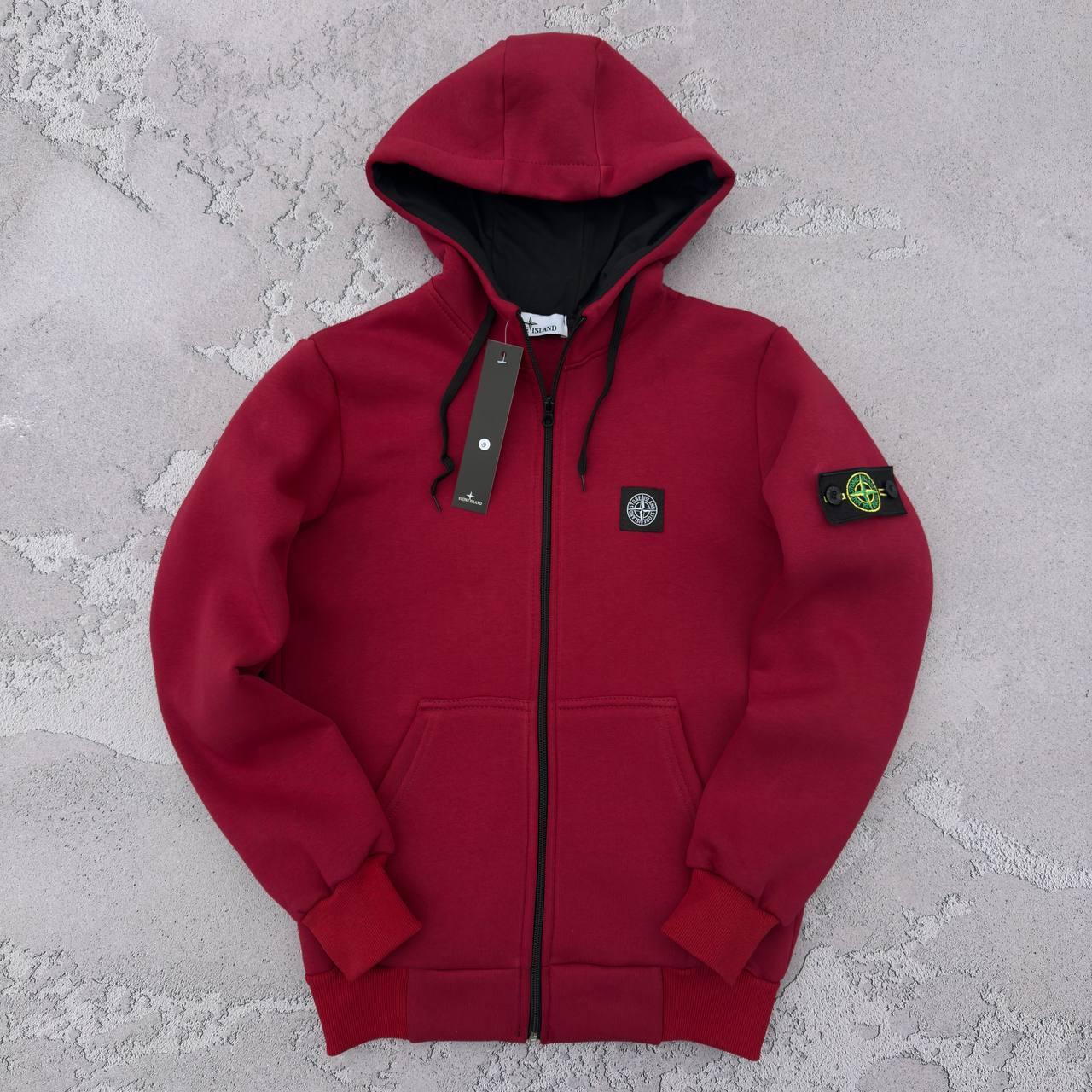 Кофта Stone Island чоловіча зимова толстовка зіпер утеплена на флісі стон айленд бордова