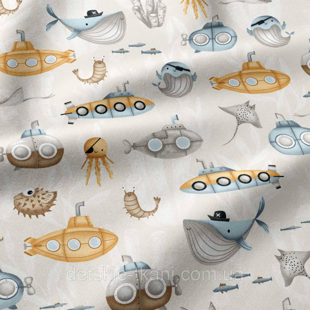 Дитяча х/б тканина польська бязь "Підводні човни та морські жителі-пірати" (рулоном), фото 1