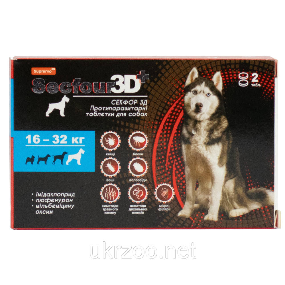 Таблетки Secfour 3D для собак протипаразитарні 1,6 г, 16 - 32 кг 2 таб/уп.10шт (імідоклоприд,люфенурон,