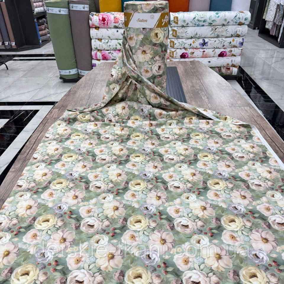 Тканина сатин digital оптом "Квіти на шавлієвому тлі" (рулонами), фото 1