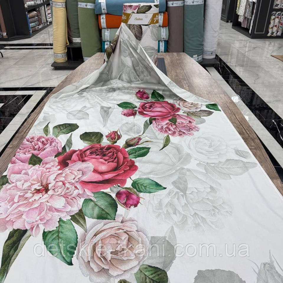 Тканина сатин digital оптом "Великі троянди та півонії" (рулонами), фото 1