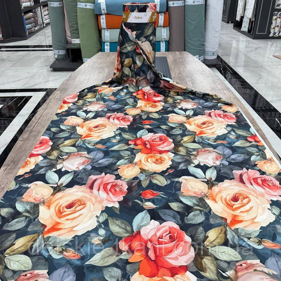 Тканина сатин digital оптом "Пишні троянди на темному тлі" (рулонами), фото 1