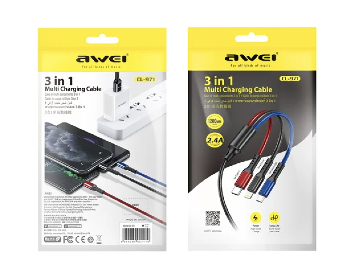 Шнур для моб. CL971 AWEI 3в1 Lightning, Micro, Type-C