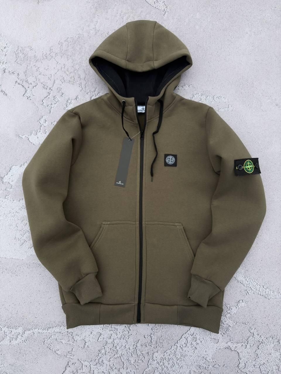 Кофта жіноча Stone Island зимова з начосом толстовка утеплена зіппер стон айленд хакі