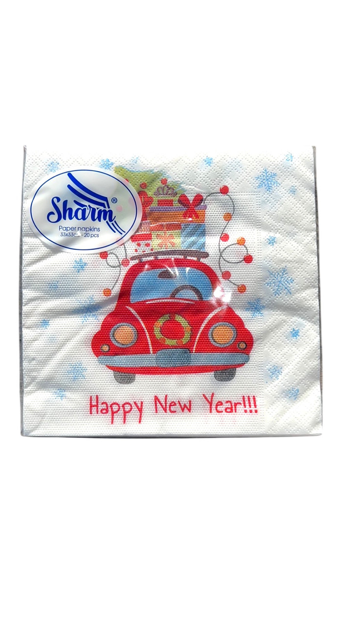 Новорічні паперові серветки до столу Sharm 33х33 20шт Новорічна машина, фото 1