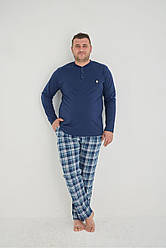 Піжама чоловіча трикотажна БАТАЛ 3XL-5XL ШТАНИ ЛОНГСЛІВ ТУРЦІЯ СИНЯ КЛІТИНКА PJ6720-2