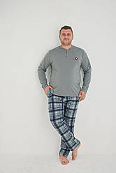 Піжама чоловіча трикотажна БАТАЛ 3XL-5XL ШТАНИ ЛОНГСЛІВ ТУРЦІЯ СІРА КЛІТИНКА PJ6720-6