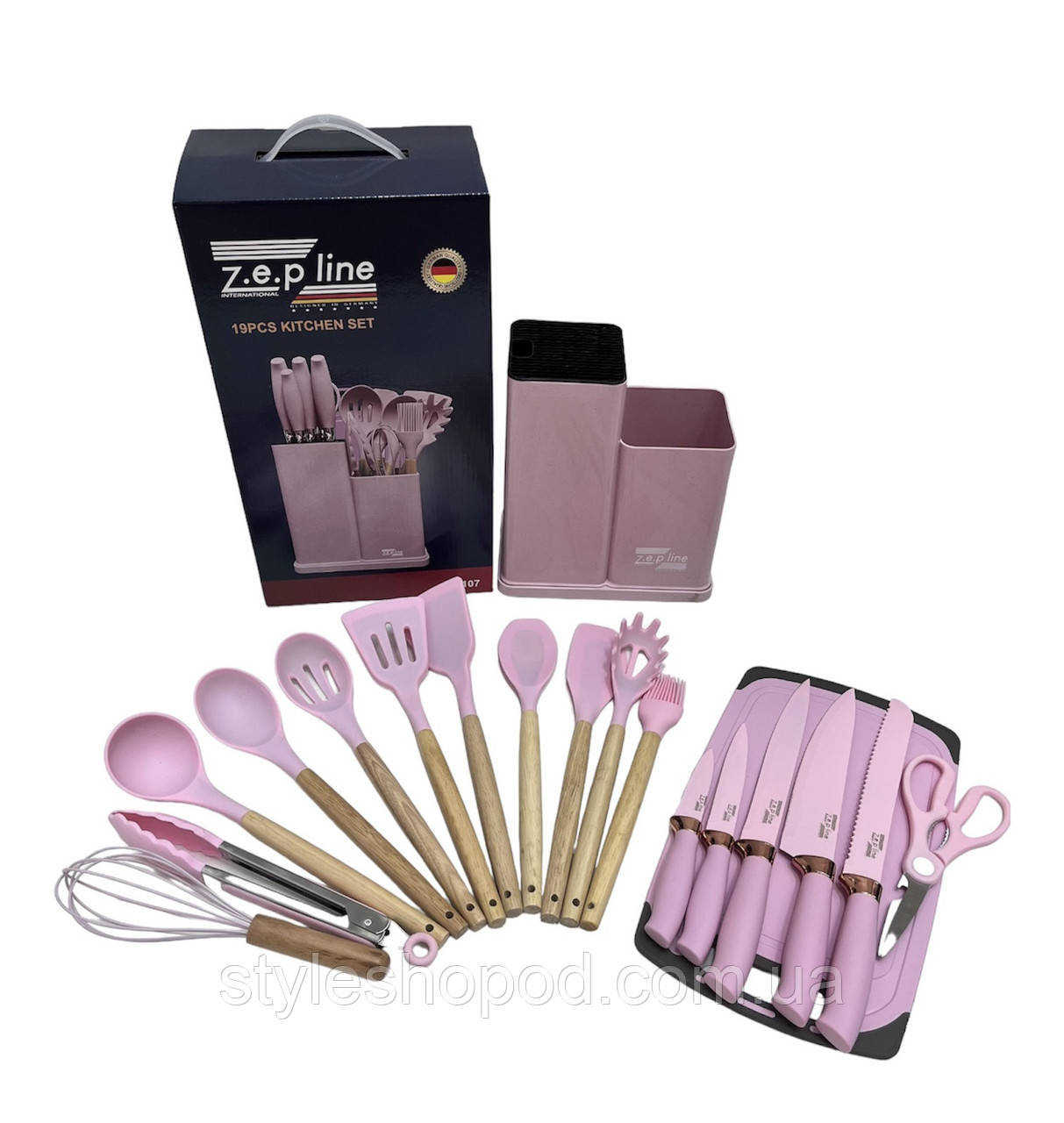 Універсальний набір ножів та кухонного начиння Zepline 19 предметів Рожевий, фото 1